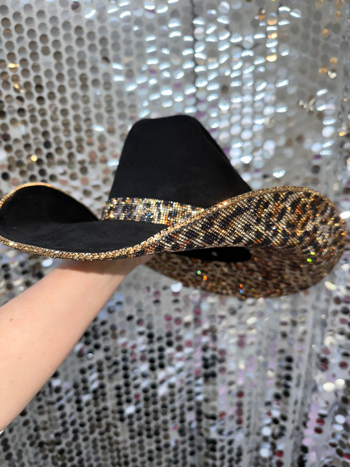 Black Suede & Brown Leopard Rhinestones Cowboy Hat