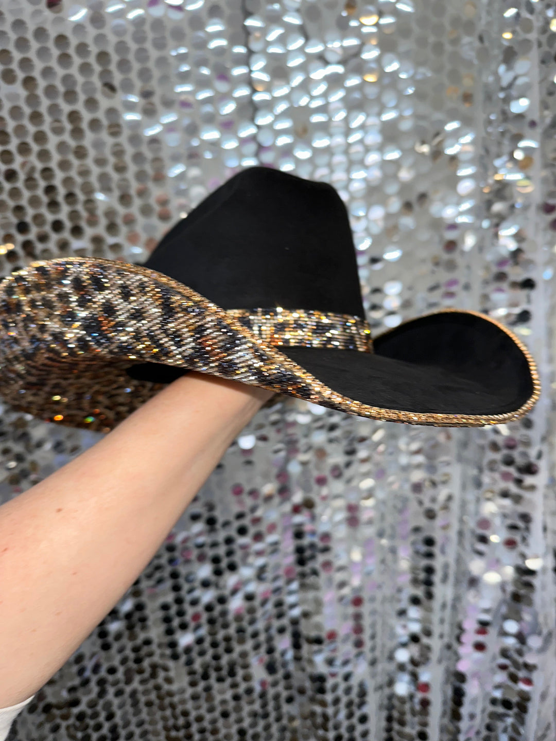 Black Suede & Brown Leopard Rhinestones Cowboy Hat