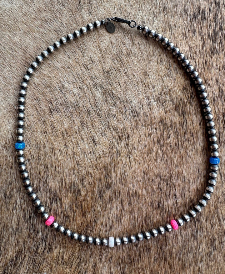 Handcrafted Fire Opal Collection & Sterling Silver Pearl Beaded 5mm Necklace -16"