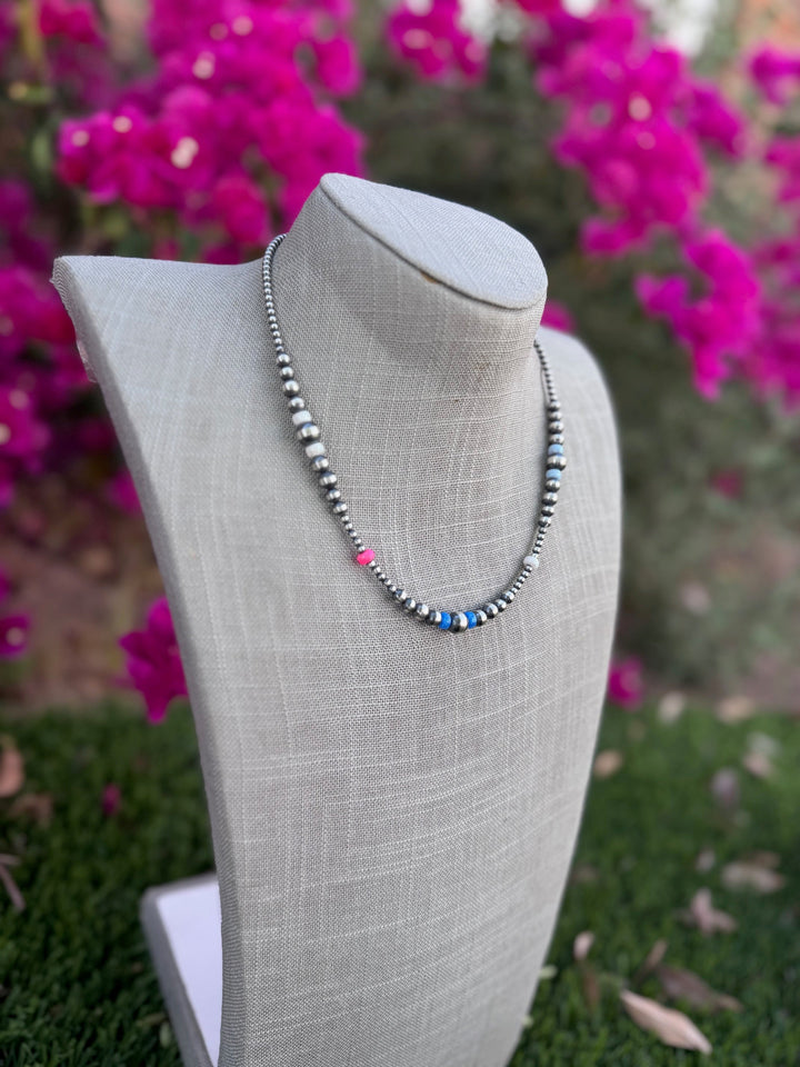 Handcrafted Fire Opal Collection & Sterling Silver Pearl 3-8mm Beaded Necklace -18" Nizhoni Traders LLC