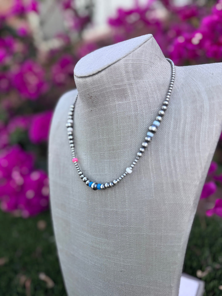 Handcrafted Fire Opal Collection & Sterling Silver Pearl 3-8mm Beaded Necklace -18" Nizhoni Traders LLC