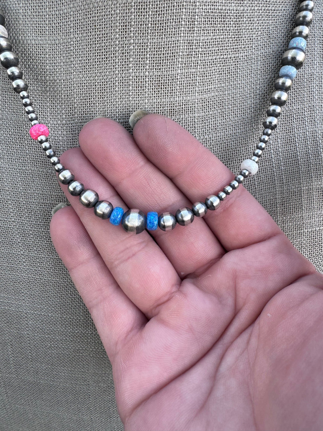 Handcrafted Fire Opal Collection & Sterling Silver Pearl 3-8mm Beaded Necklace -18" Nizhoni Traders LLC