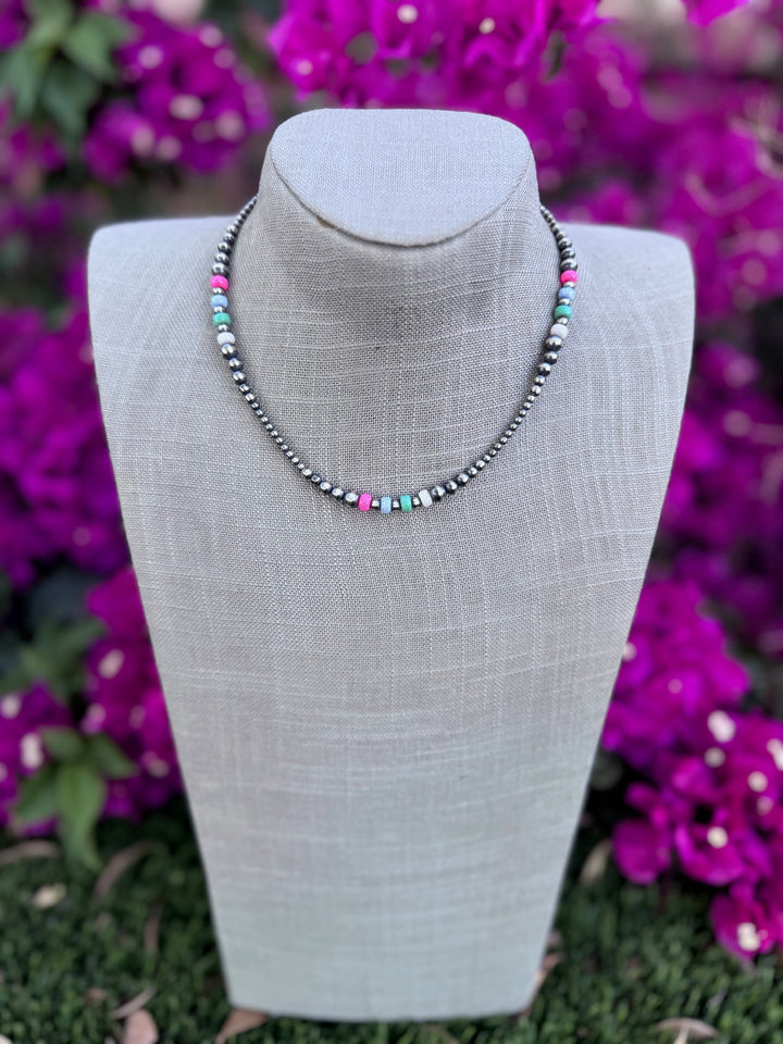 Handcrafted Fire Opal Collection & Sterling Silver Pearl 3-6mm Beaded Necklace -16" Nizhoni Traders LLC