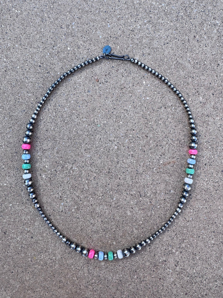 Handcrafted Fire Opal Collection & Sterling Silver Pearl 3-6mm Beaded Necklace -16" Nizhoni Traders LLC