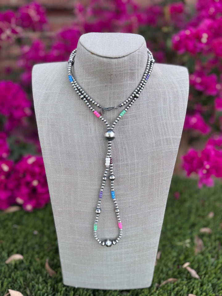 Handcrafted Fire Opal Collection & Sterling Silver Pearl 4-14mm Beaded Jacla Necklace -30" Nizhoni Traders LLC