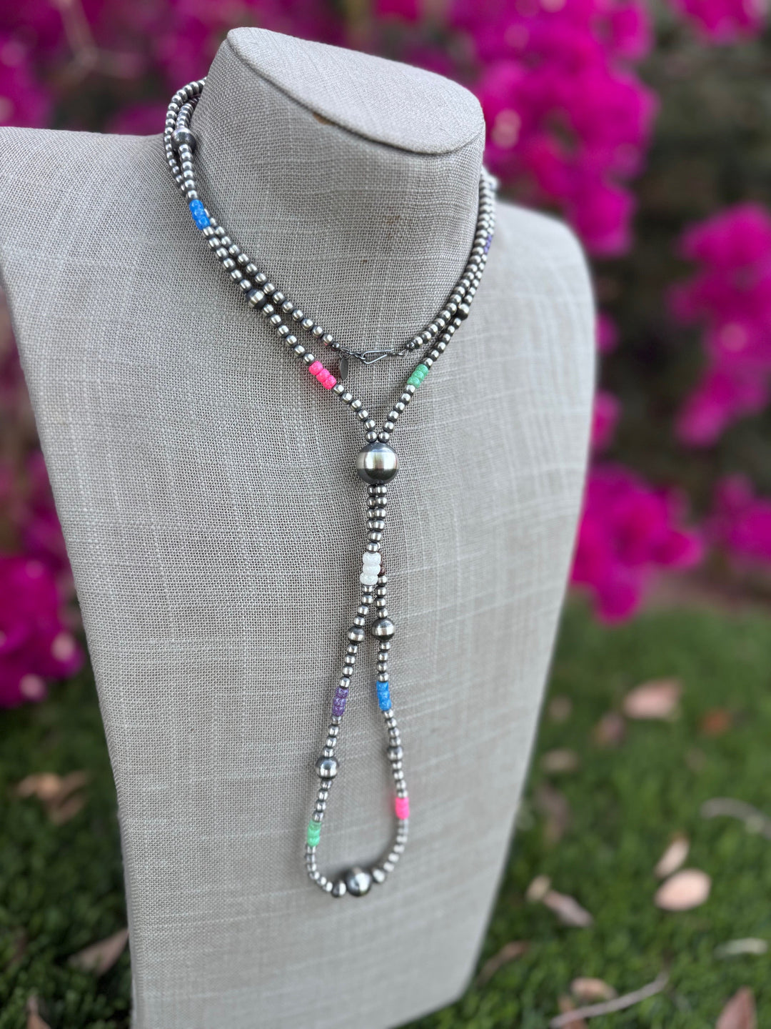 Handcrafted Fire Opal Collection & Sterling Silver Pearl 4-14mm Beaded Jacla Necklace -30" Nizhoni Traders LLC