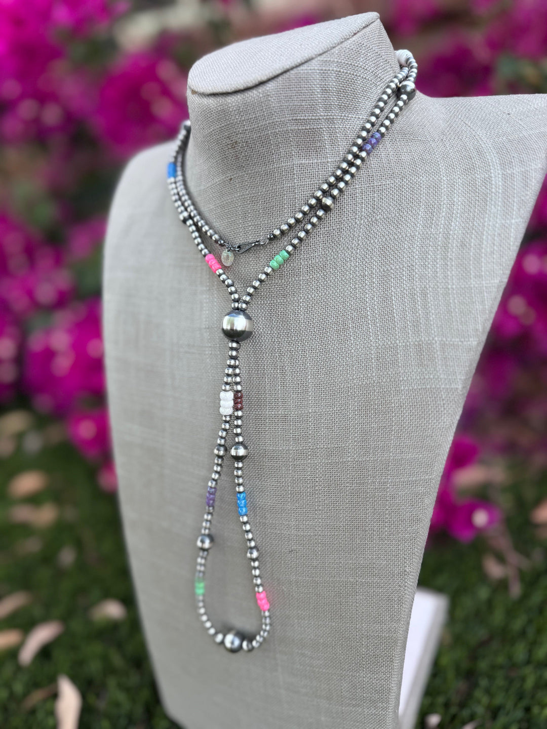 Handcrafted Fire Opal Collection & Sterling Silver Pearl 4-14mm Beaded Jacla Necklace -30" Nizhoni Traders LLC