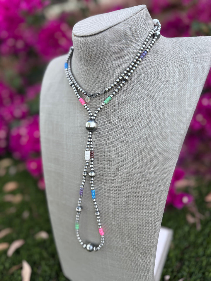 Handcrafted Fire Opal Collection & Sterling Silver Pearl 4-14mm Beaded Jacla Necklace -30" Nizhoni Traders LLC