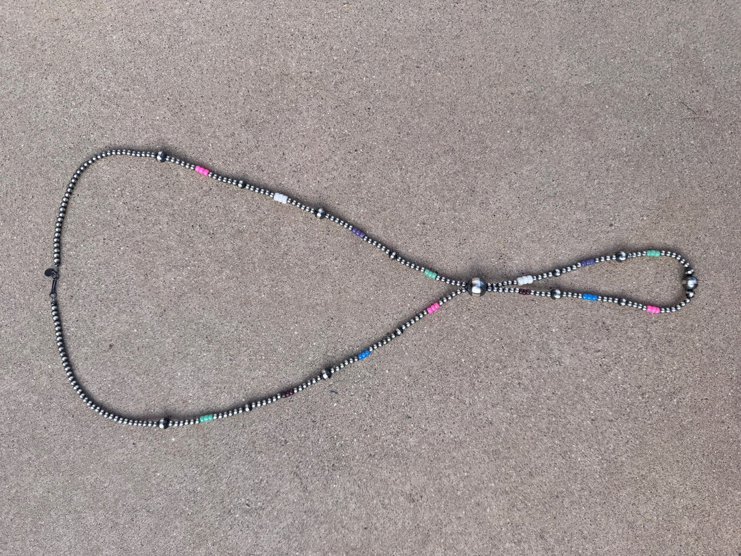 Handcrafted Fire Opal Collection & Sterling Silver Pearl 4-14mm Beaded Jacla Necklace -30" Nizhoni Traders LLC