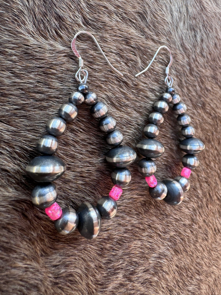 Handcrafted Hot Pink Fire Opal & Sterling Silver Pearl 4-8mm Mixed Beaded Hoop Dangle Earring Nizhoni Traders LLC