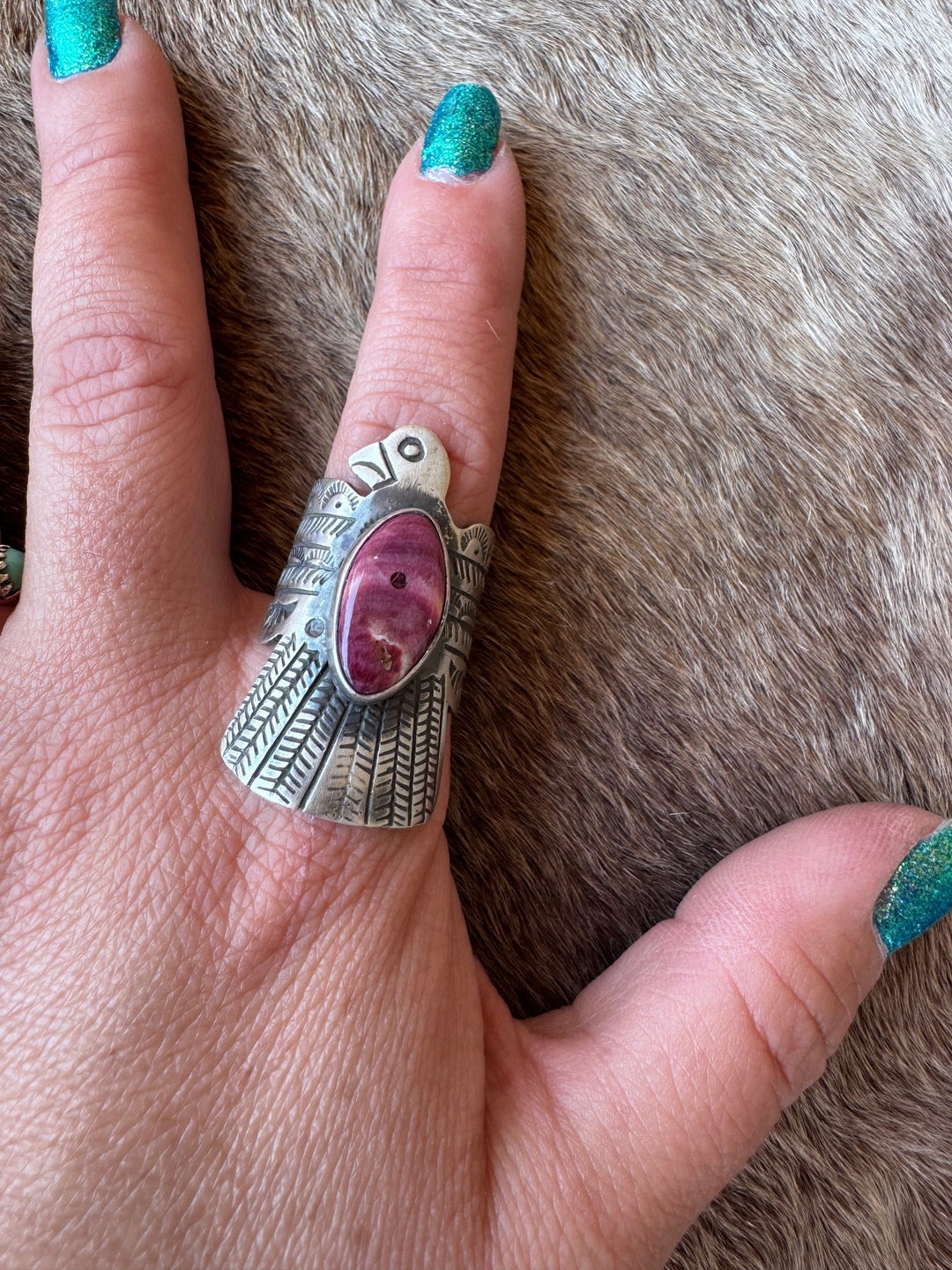 Handcrafted Sterling Silver & Purple Spiny Thunderbird Ring size 7 by Russell Sam Nizhoni Traders LLC