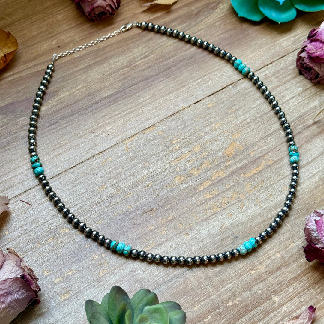 Sterling Silver Pearl Necklace with Turquoise & Variscite Rondelles – 19.5”