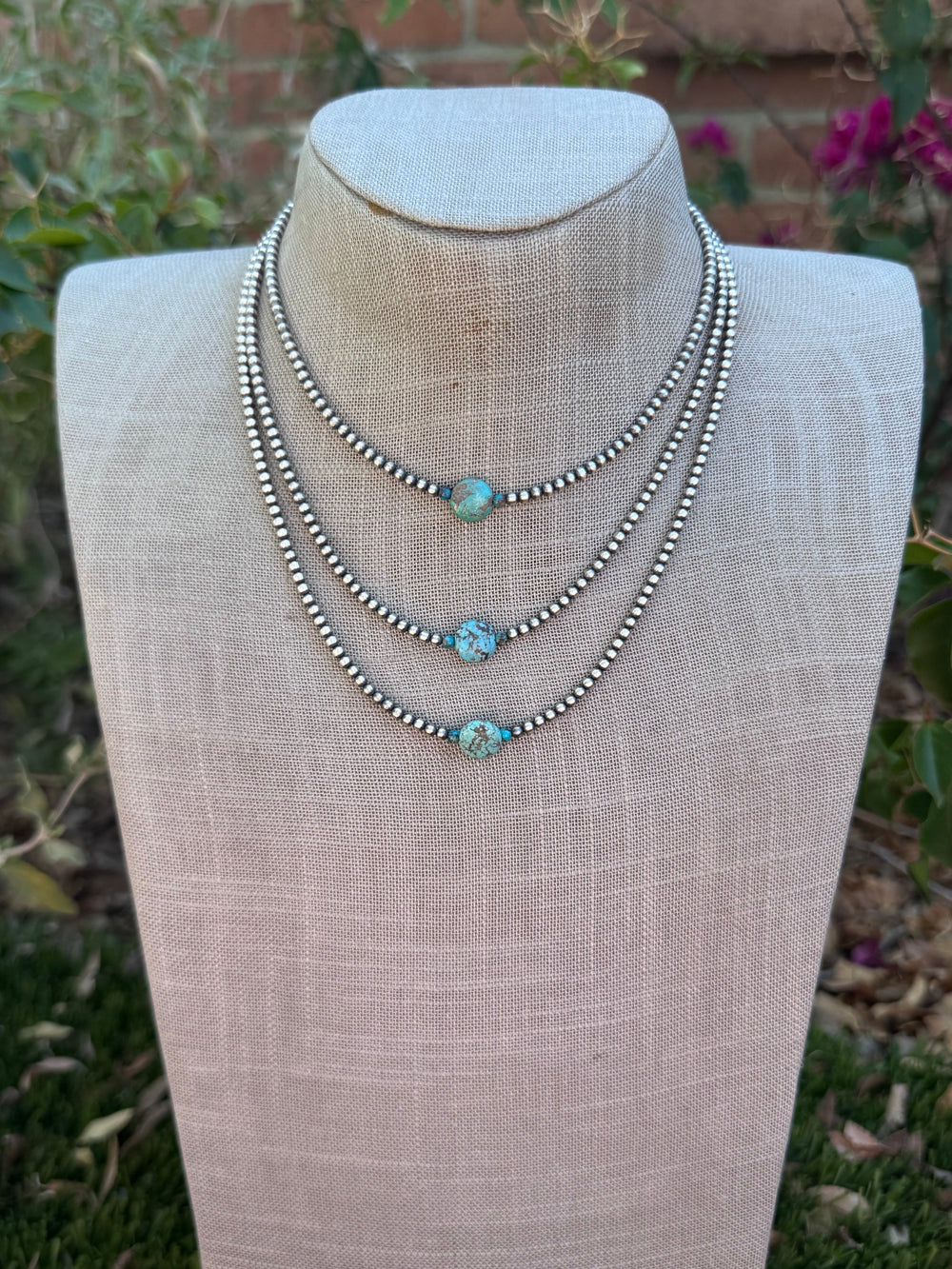 Handcrafted Sterling Silver & Pillow Turquoise 3mm Beaded Necklace Nizhoni Traders LLC