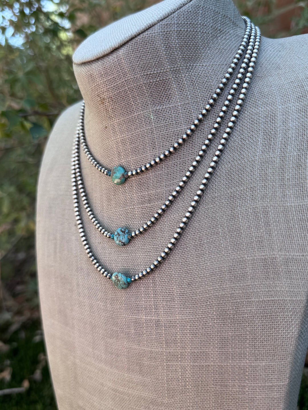 Handcrafted Sterling Silver & Pillow Turquoise 3mm Beaded Necklace Nizhoni Traders LLC