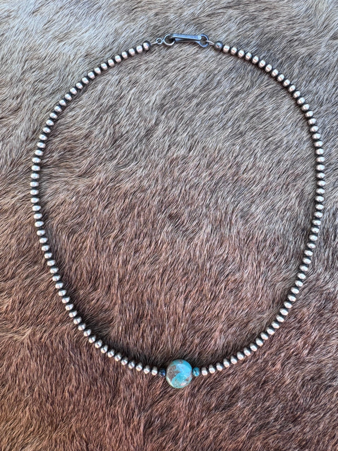 Handcrafted Sterling Silver & Pillow Turquoise 3mm Beaded Necklace Nizhoni Traders LLC