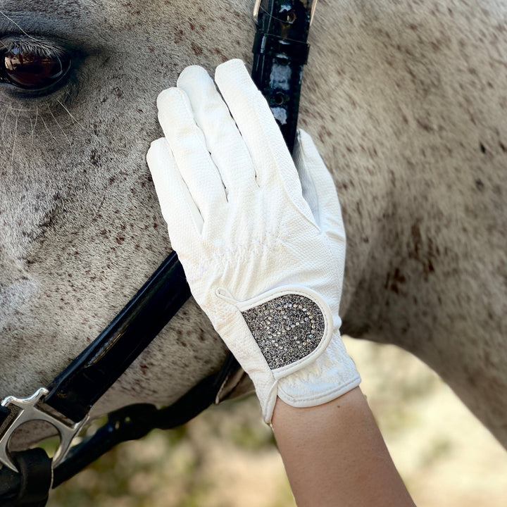 Halter Ego® Competition Gloves - Silver Gray Glitter & Crystal Logo Halter Ego®
