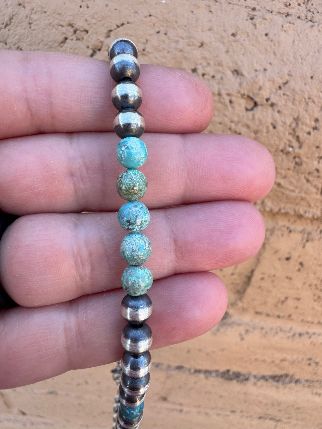 Handcrafted Kingman Turquoise & Sterling Silver Pearl 6mm Beaded 18” Necklace