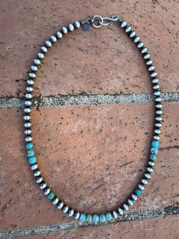 Handcrafted Kingman Turquoise & Sterling Silver Pearl 6mm Beaded 18” Necklace