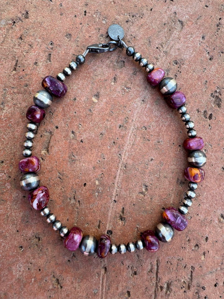 Handcrafted Purple Spiny & Sterling Silver Pearl 3mm & 6mm Beaded Bracelet -7.5"