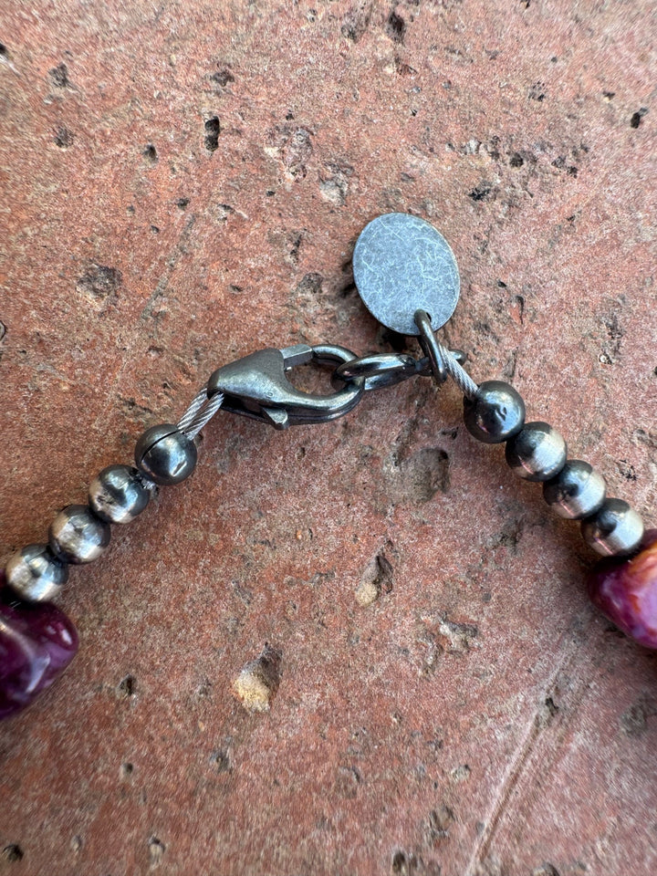 Handcrafted Purple Spiny & Sterling Silver Pearl 3mm & 6mm Beaded Bracelet -7.5"