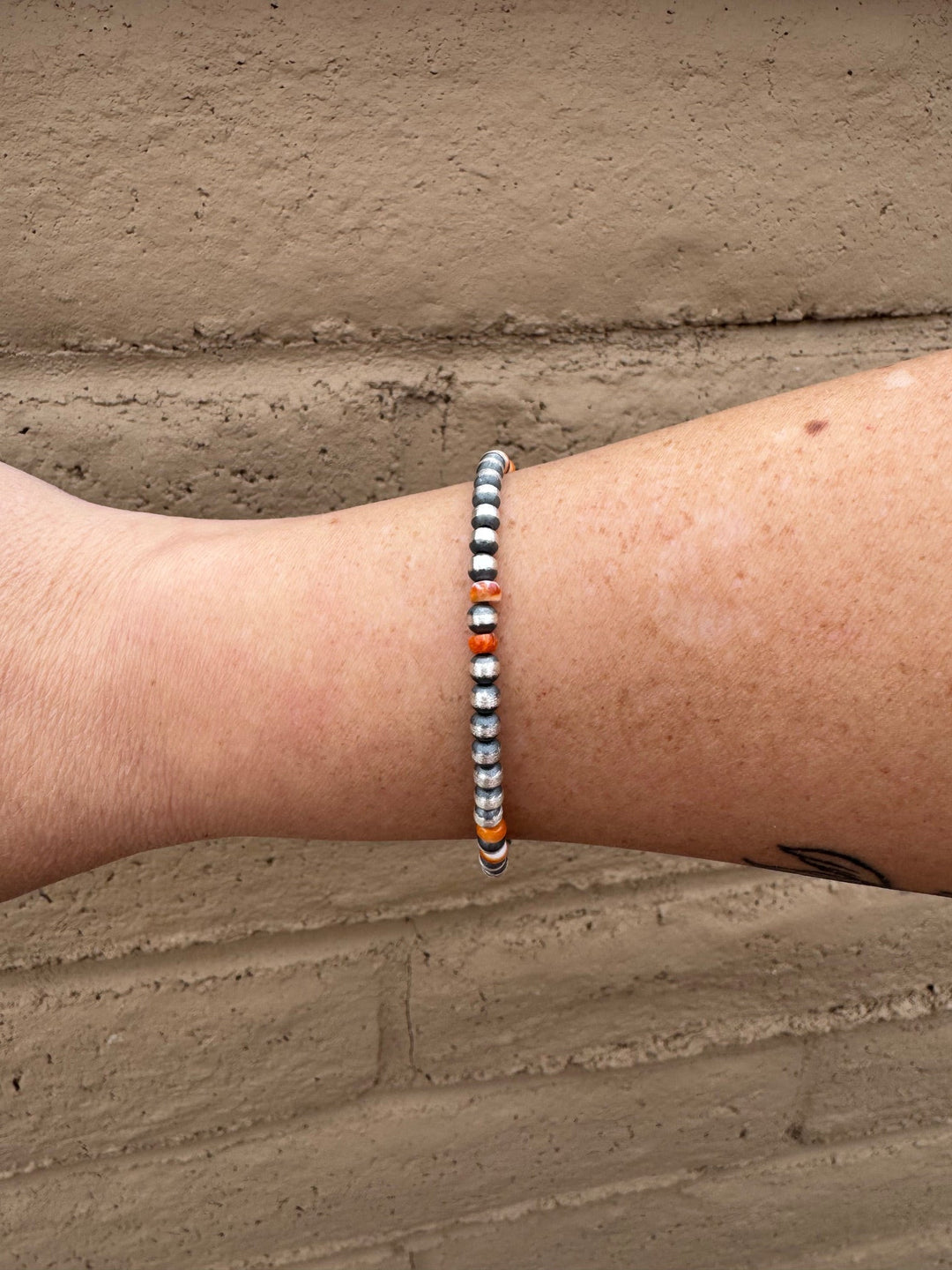 Handcrafted Orange Spiny & Sterling Silver 4mm Beaded 7.5” Bracelet