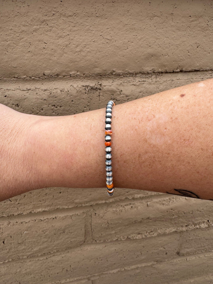 Handcrafted Orange Spiny & Sterling Silver 4mm Beaded 7.5” Bracelet