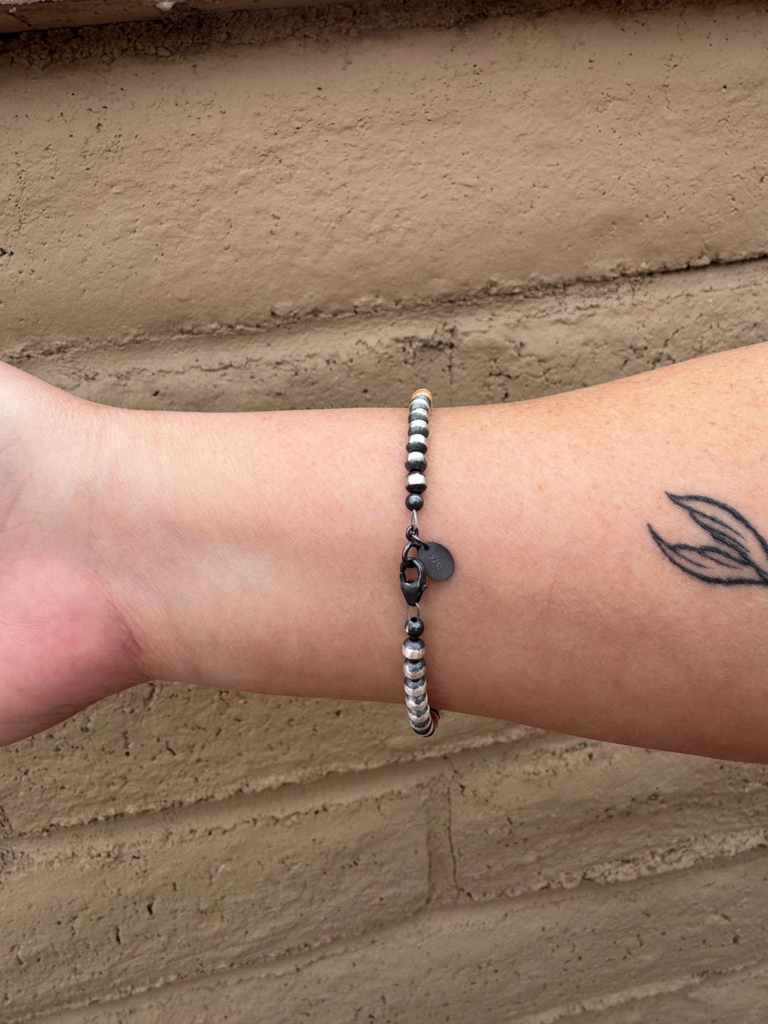 Handcrafted Orange Spiny & Sterling Silver 4mm Beaded 7.5” Bracelet