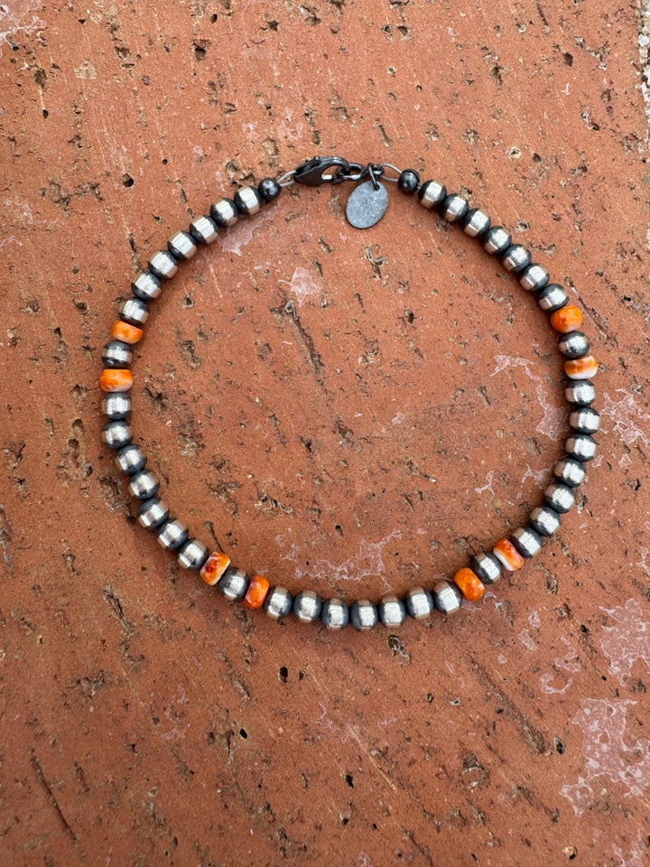 Handcrafted Orange Spiny & Sterling Silver 4mm Beaded 7.5” Bracelet