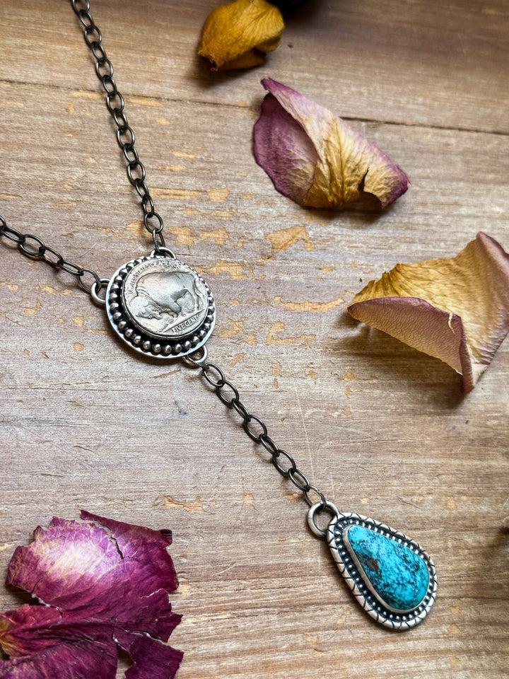 Sterling Silver Buffalo Coin & Kingman Turquoise 18” Lariat Necklace by Gilbert Nez