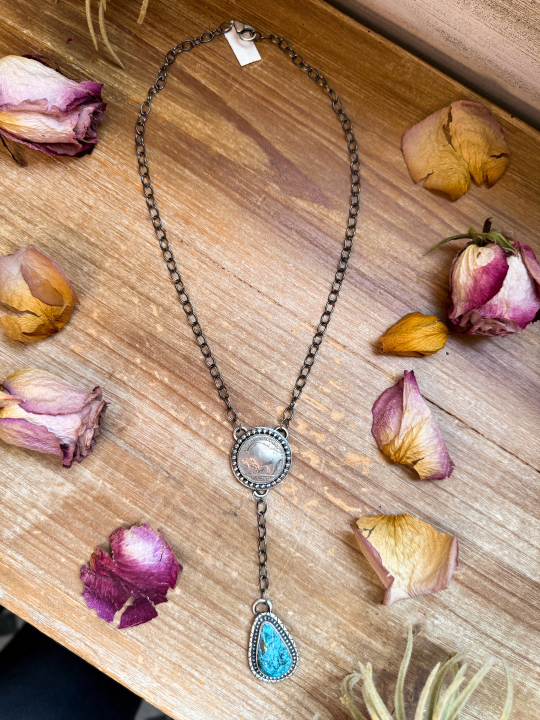 Sterling Silver Buffalo Coin & Kingman Turquoise 18” Lariat Necklace by Gilbert Nez