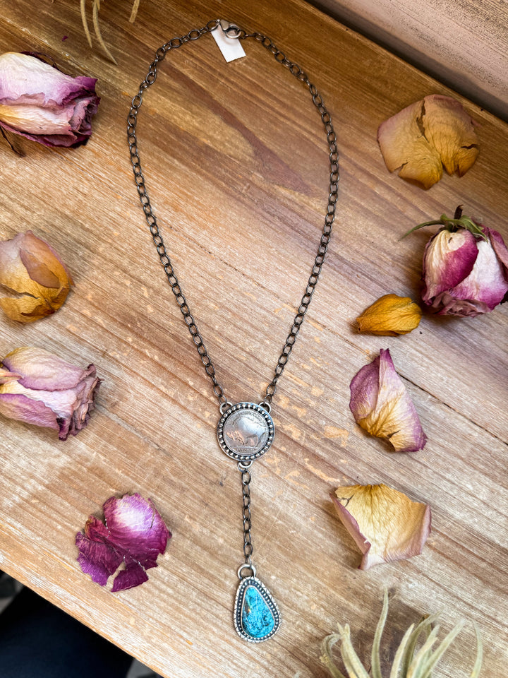 Sterling Silver Buffalo Coin & Kingman Turquoise 18” Lariat Necklace by Gilbert Nez
