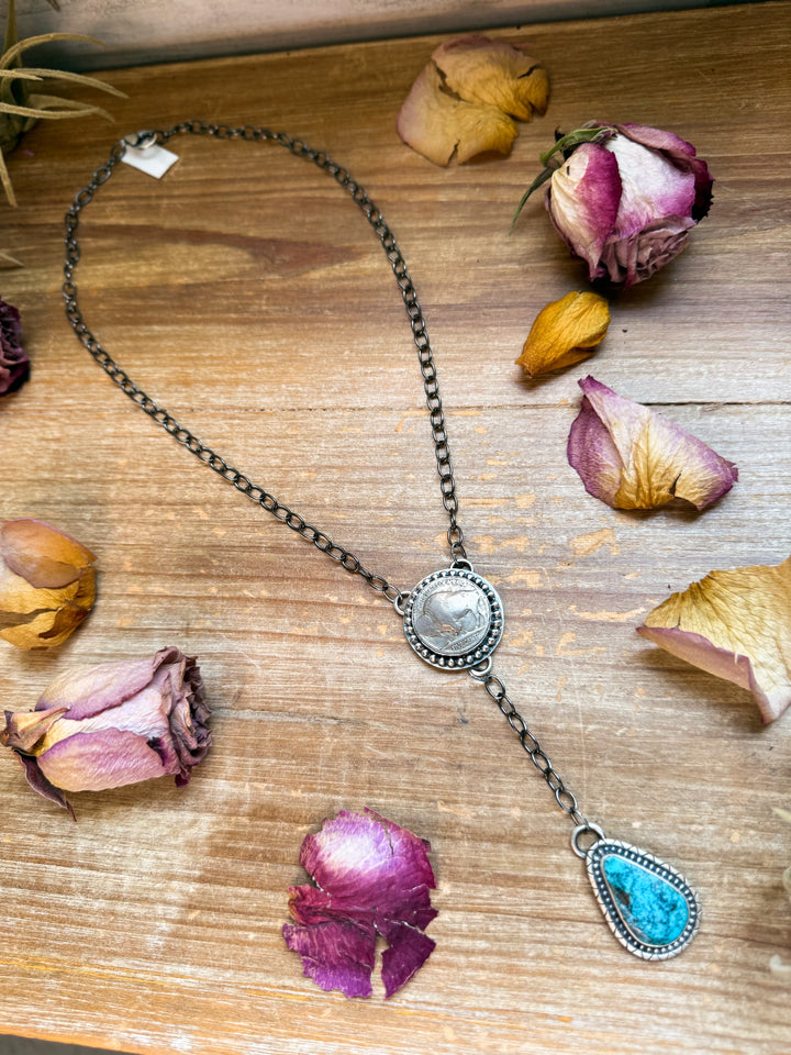 Sterling Silver Buffalo Coin & Kingman Turquoise 18” Lariat Necklace by Gilbert Nez