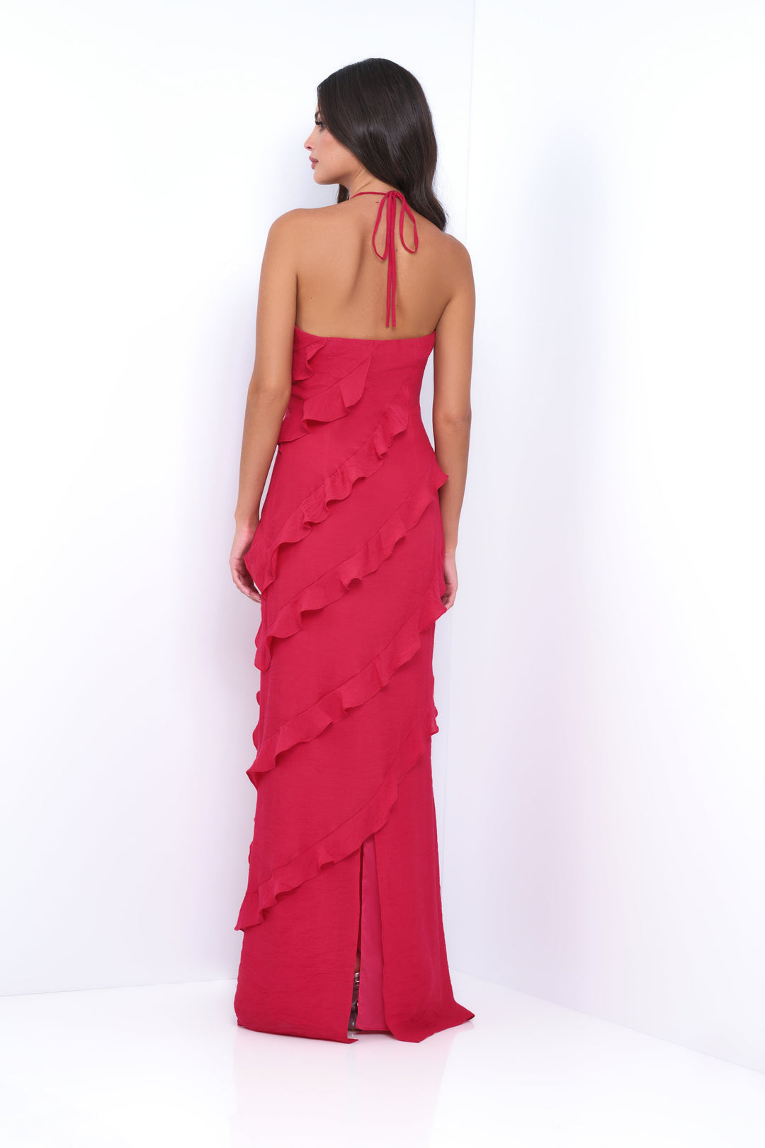 Remi Halter Ruffle Maxi Dress -Red Lady Black Tie