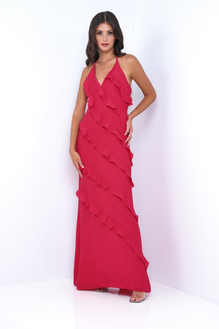 Remi Halter Ruffle Maxi Dress -Red Lady Black Tie