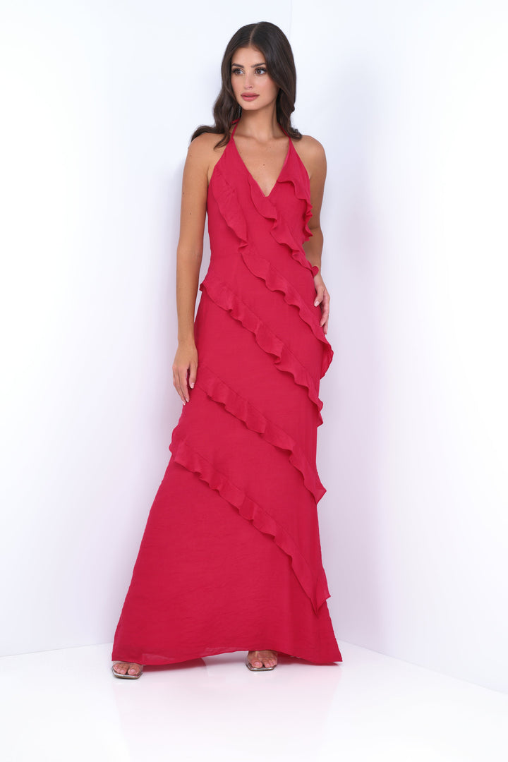Remi Halter Ruffle Maxi Dress -Red Lady Black Tie