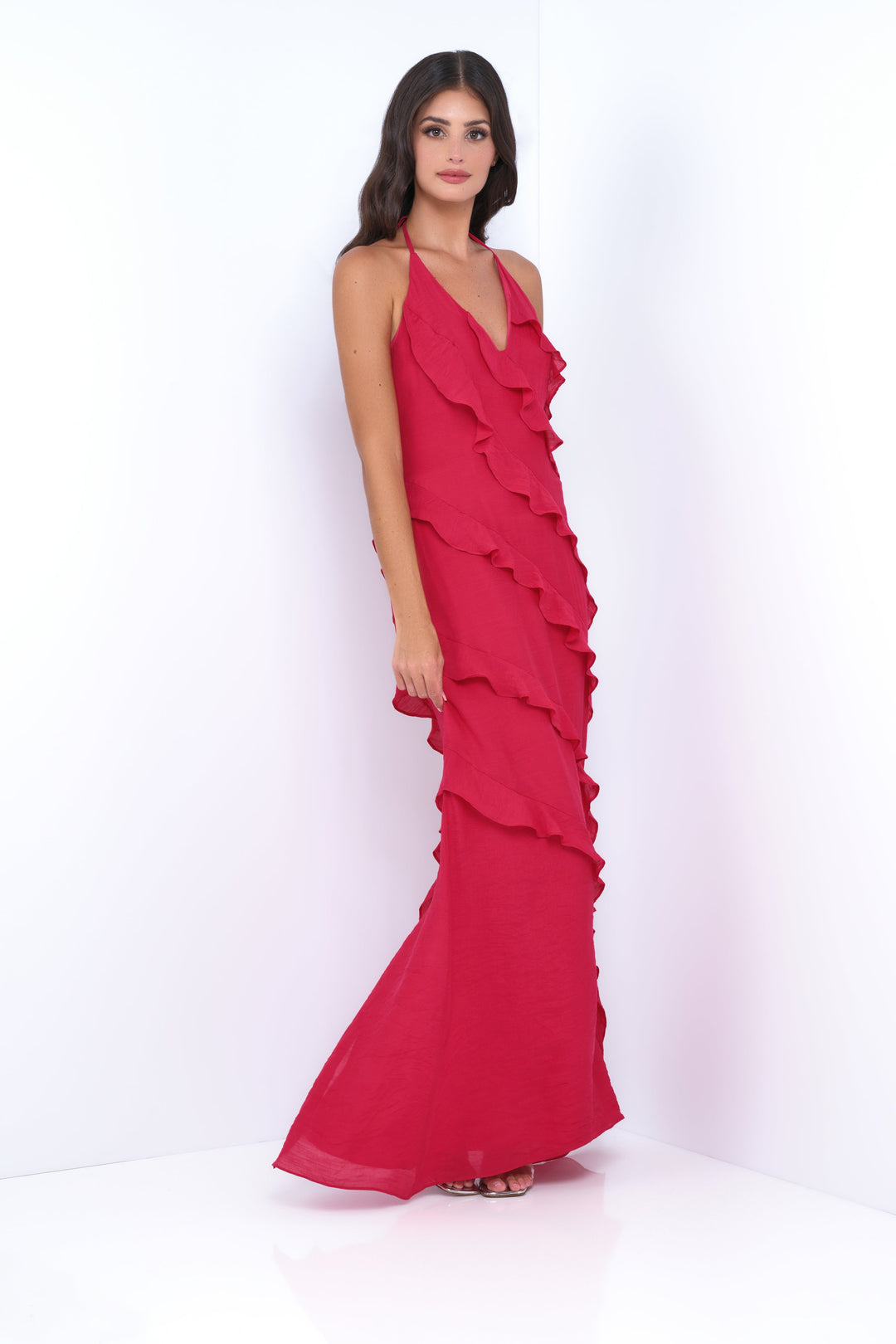 Remi Halter Ruffle Maxi Dress -Red Lady Black Tie
