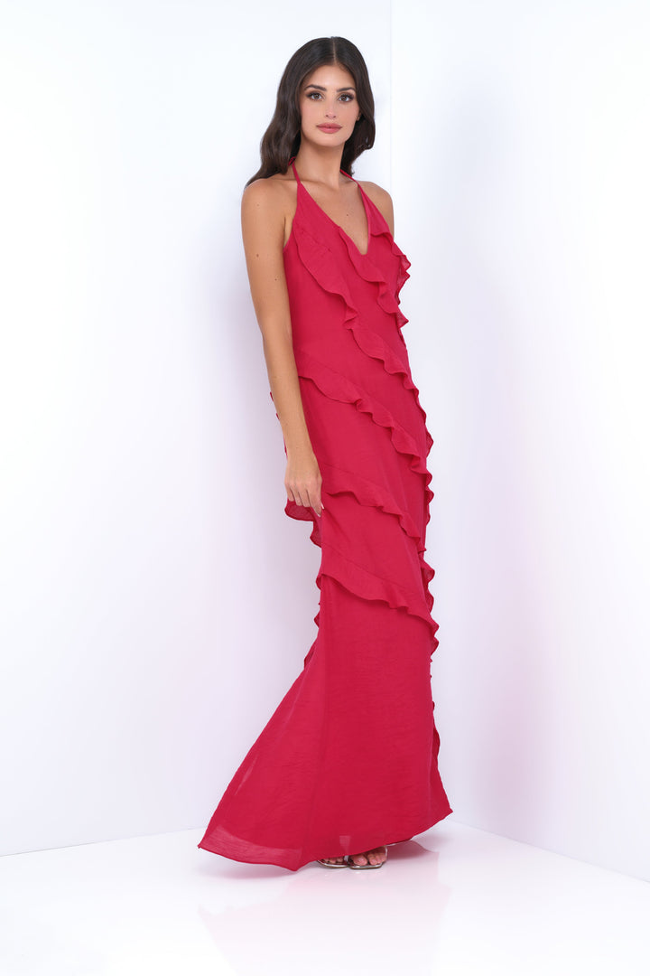 Remi Halter Ruffle Maxi Dress -Red Lady Black Tie