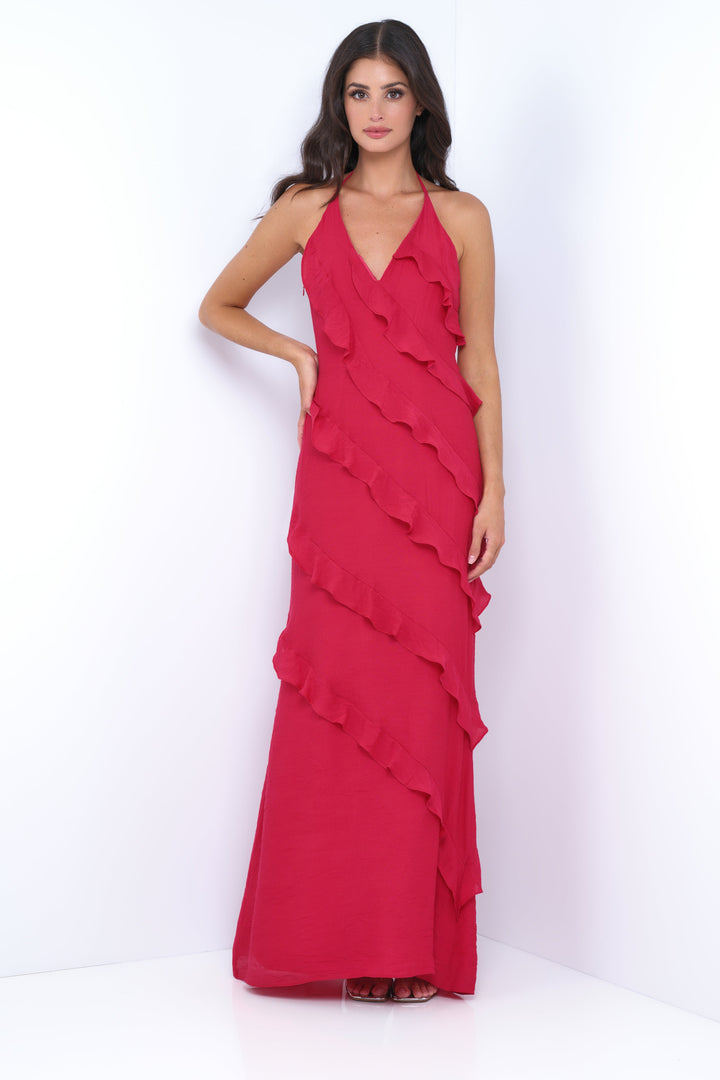 Remi Halter Ruffle Maxi Dress -Red Lady Black Tie