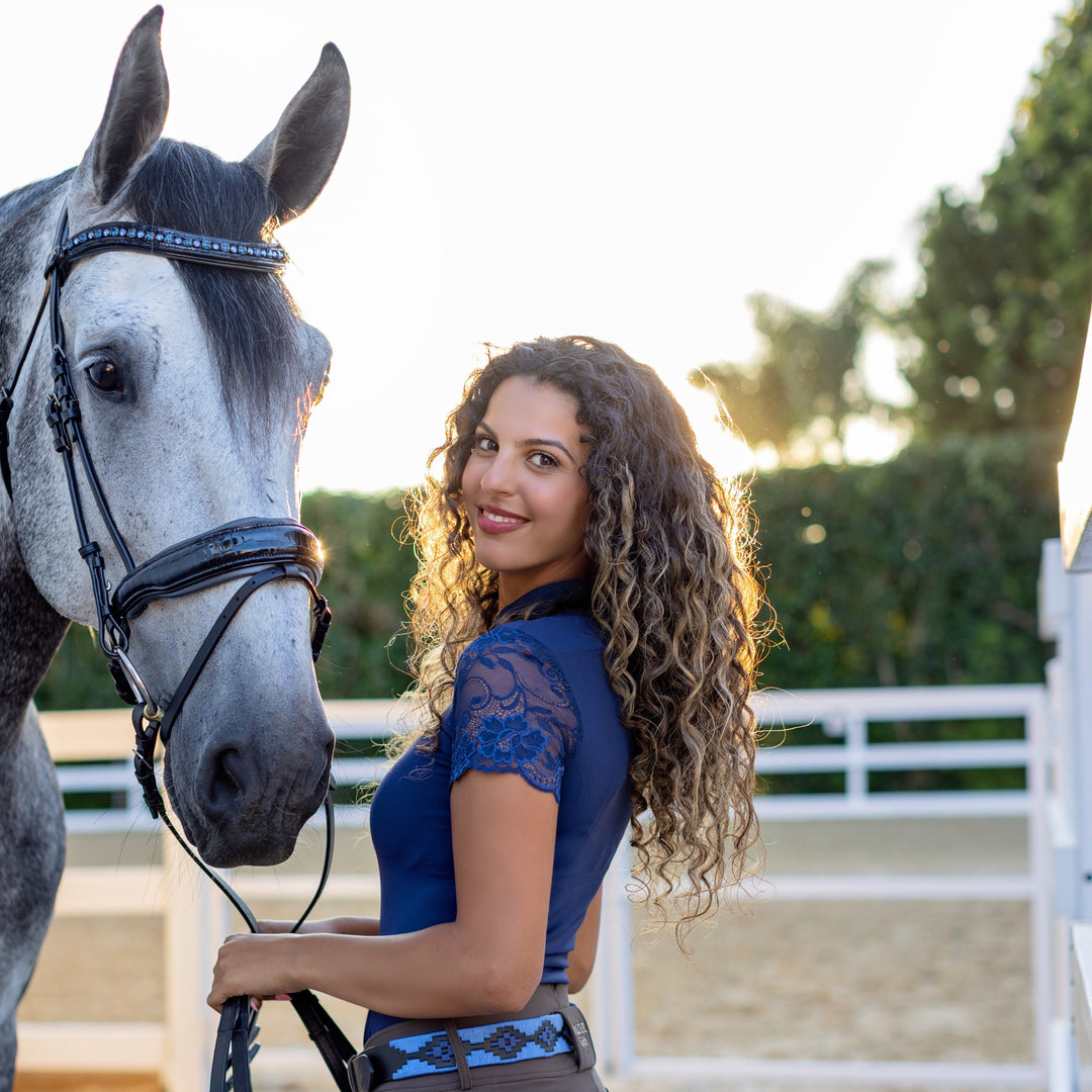 Tara Short Sleeve Lace Competition Show Shirt - Navy