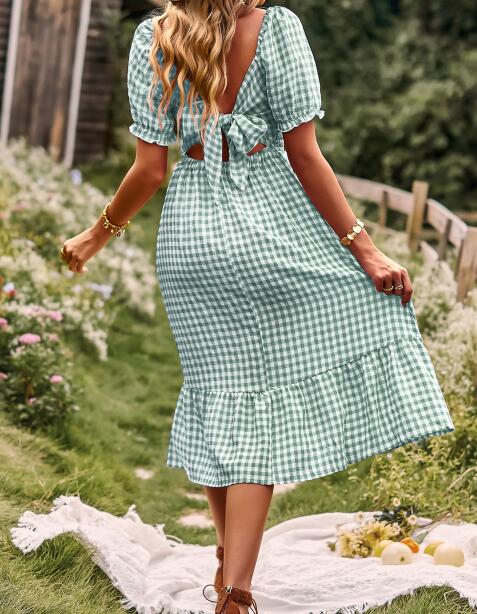 Garden Gingham Puff Sleeve Midi Dress