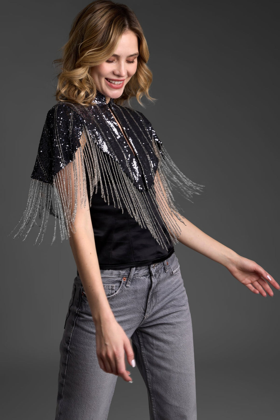 Saachi Beaded Fringe Sequin Capelet