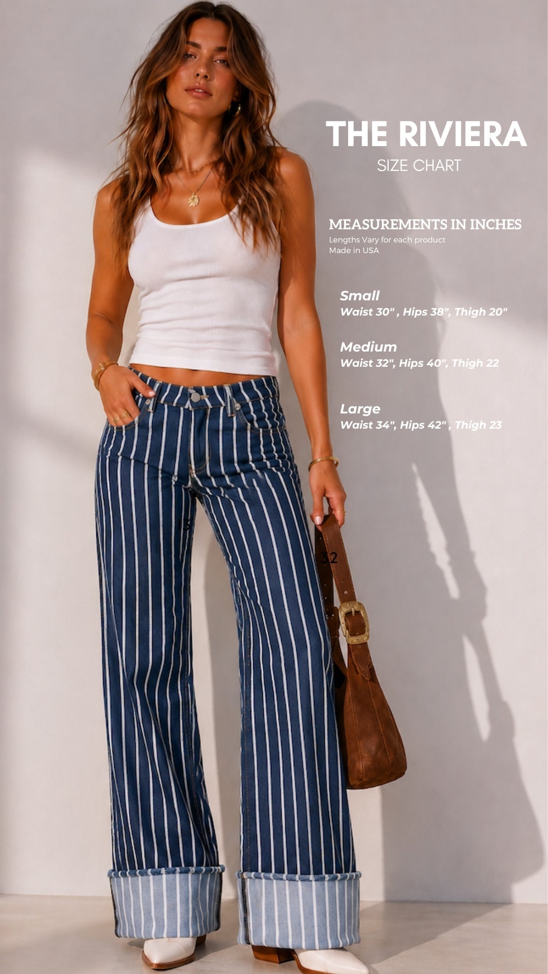The Riviera Striped Wide Leg Cuffed Jean - Light Wash GJG DENIM