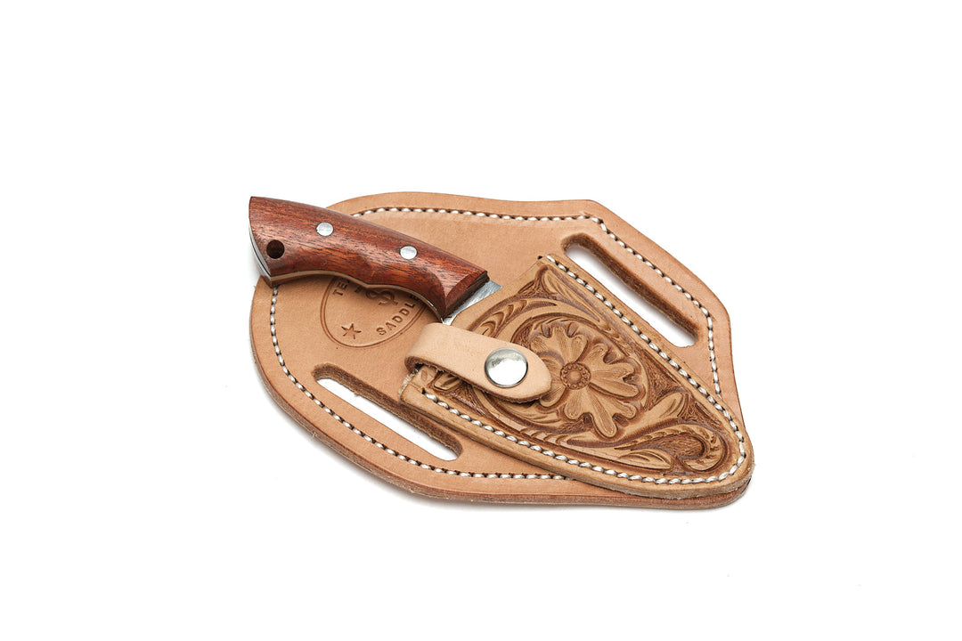 Tan Floral Tooled Leather Knife Sheath with Knife