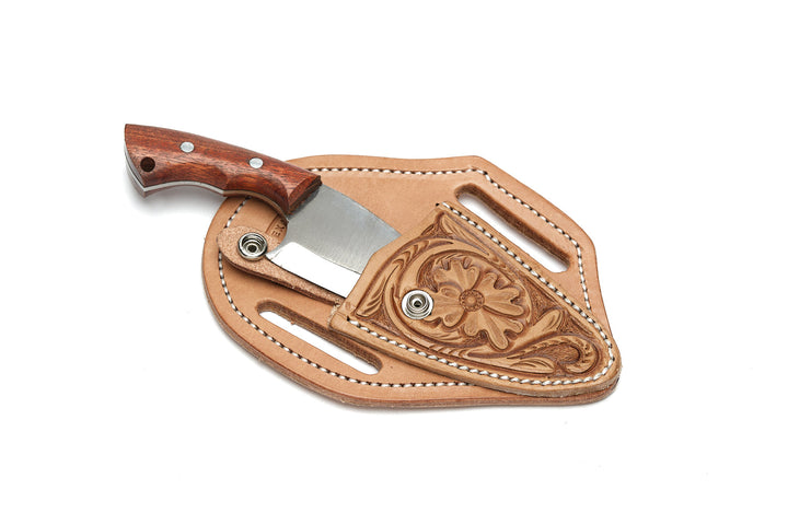 Tan Floral Tooled Leather Knife Sheath with Knife