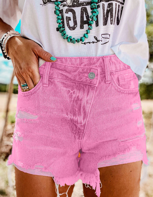 Pink High Rise Crossover Waist Denim Shorts