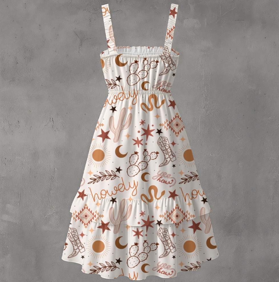 Yeehaw Howdy Ruffle Hem Dress Neon Spur