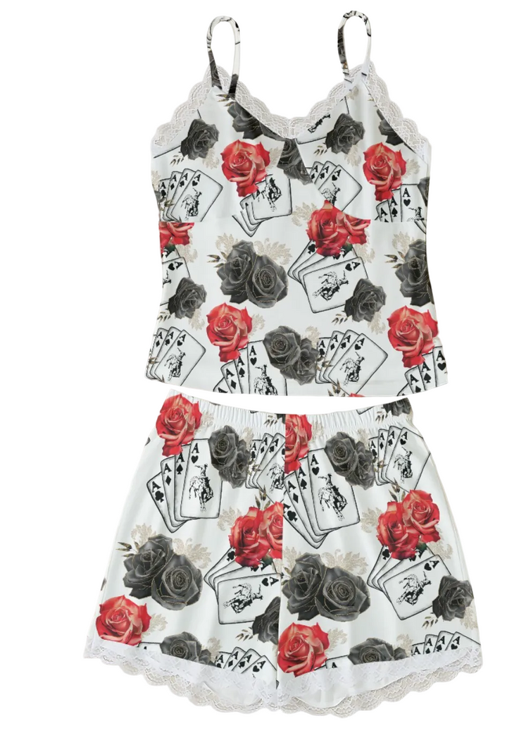 Ace of Roses Lace Trim Cami Lounge Set Neon Spur