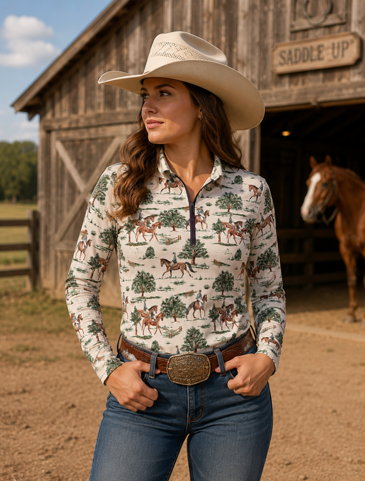 Countryside Canter Quarter Zip Long Sleeve Sun Shirt Neon Spur