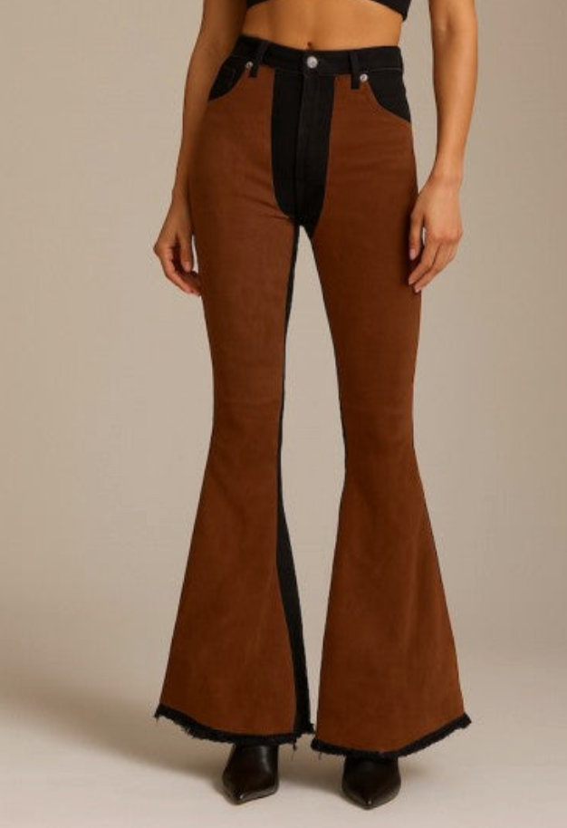 Brown Suede Chap Panel Bell Bottom Jeans