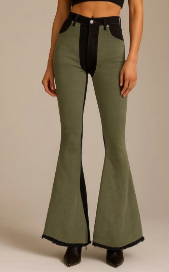 Olive Suede Chap Panel Bell Bottom Jeans